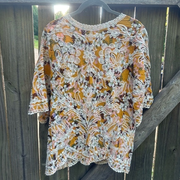 Solitaire by Ravi Kholsa Boho Mustard Yellow Allover Florak Embroidered Blouse - Picture 7 of 7